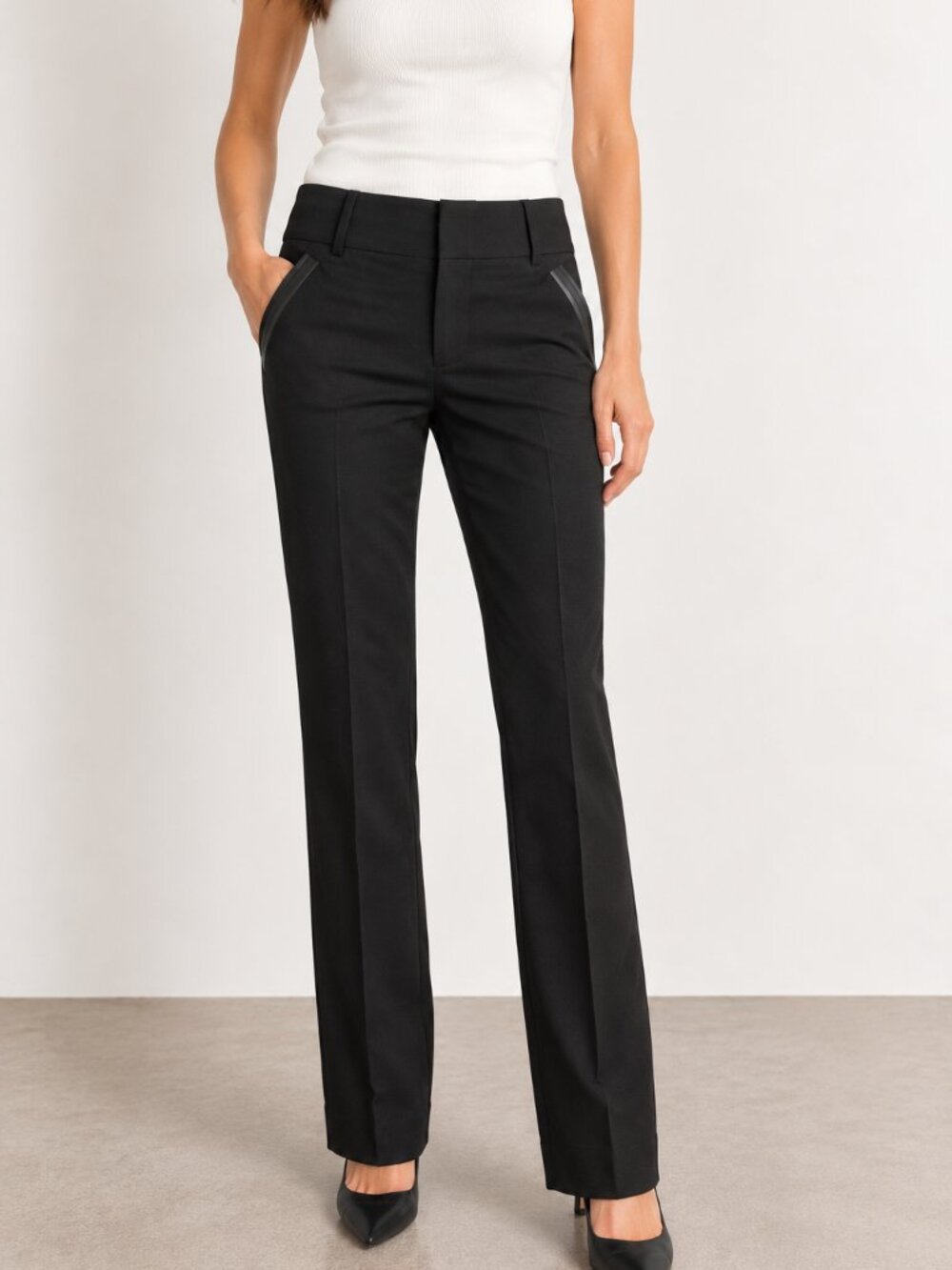 Alice + Olivia Black Wool Straight Leg Pants Size 8 Leather Trim, USA